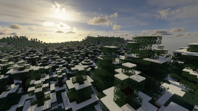A snow-covered forest in Minecraft.