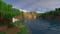A screenshot of a river in Minecraft, with some trees on either side of the bank and a hill in the distance, taken using Spectrum Master shaders.