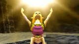 Zelda from Ocarina of Time stands, arms raised, with golden light above her.