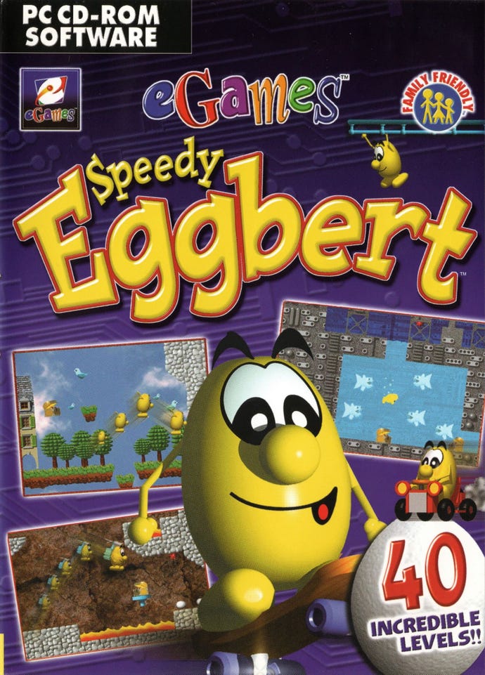 The PC box cover for Speedy Eggbert, boasting 40 incredible levels