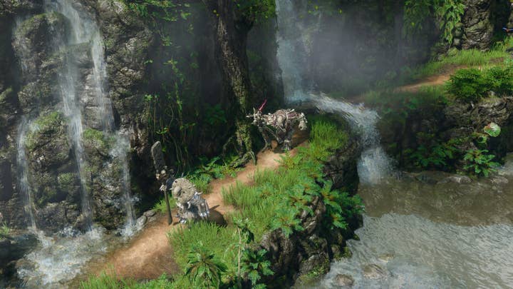 Two trolls walk past waterfalls in a screen from SpellForce 3: Fallen God