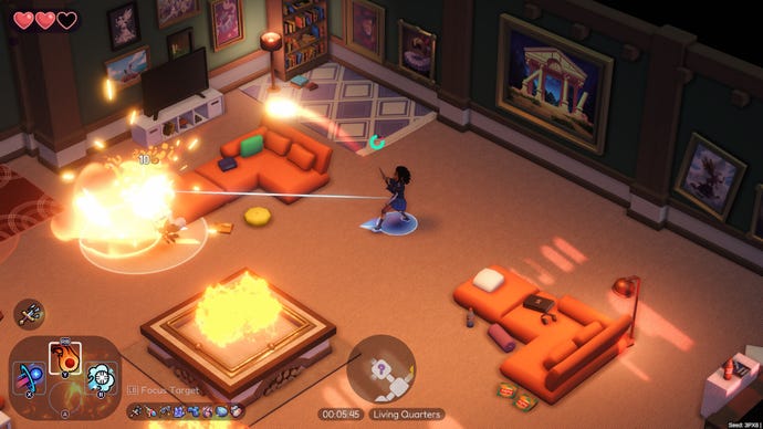 A Spells & Secrets student blasts fire at enemies across a luxurious common room. Their spell hotbar can be seen in the lower left hand corner of the screen.