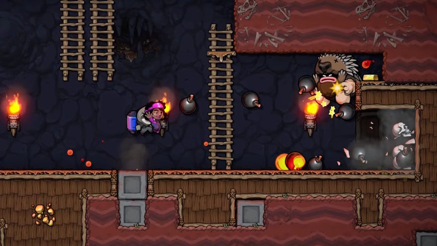 The player chucks plenty of bombs in Spelunky 2.