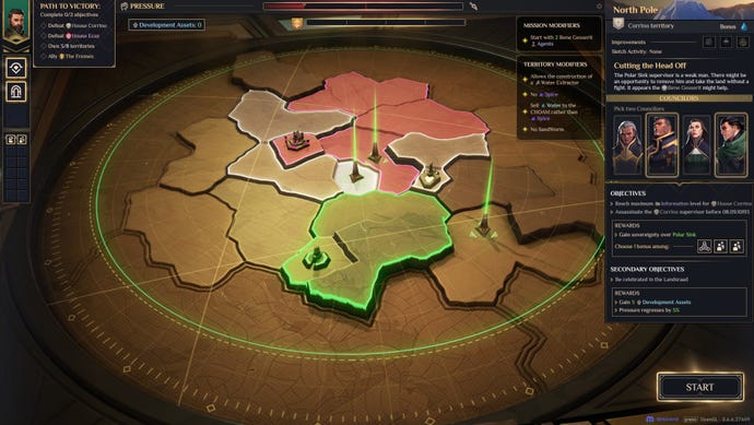 A map screen showing different territories in Dune: Spice Wars