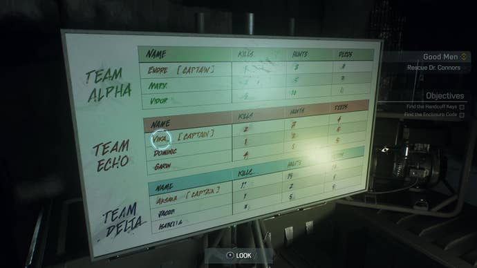 A whiteboard displays a series of Hunter team allocations, including team names, members, and kill counts.