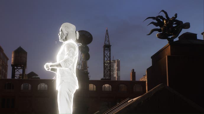 Spider-Man 2 Mister negativ auf dem Dach mit Symbioten-Ranken, die aus Peter kommen