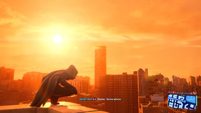 Marvel's Spider Man 2 screenshot showing Miles Morales talking to himself perched on a ledge at golden hour