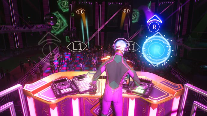 Marvel's Spider Man 2 screenshot showing a minigame where you DJ a set rhythm-game style as Miles Morales