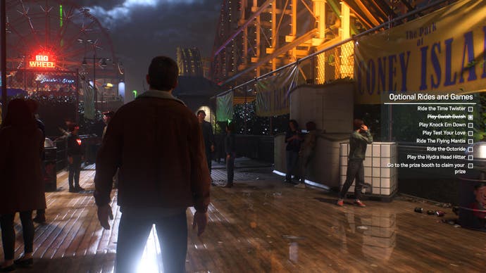Marvel's Spider Man 2 screenshot showing Peter Parker at Coney Island with the optional task of playing eight mini games