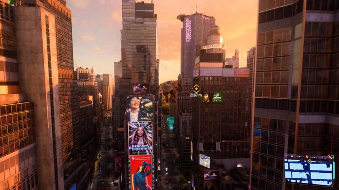 Marvel's Spider Man 2 screenshot showing Miles Morales in a caped costume soaring through Times Square