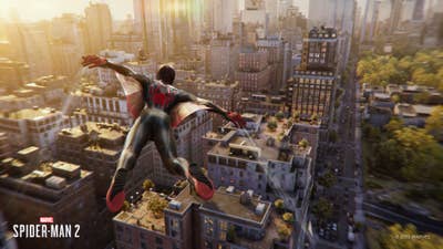 A screenshot from Marvel's Spider-Man 2, showing Miles Morales gliding over New York City