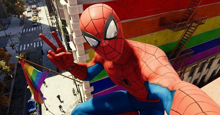 Spider-Man in front of Pride flags