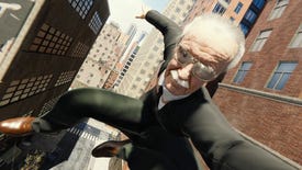 Stan Lee in a suit poses for a selfie while swinging across New York in a reskin mod for Marvel's Spider-Man Remastered.