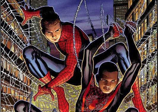 Cropped cover image from Spider-Men crossover, featuring Peter Parker and Miles Morales