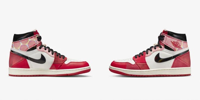 Photograph of two Air Jordan sneakers posed so they face each other