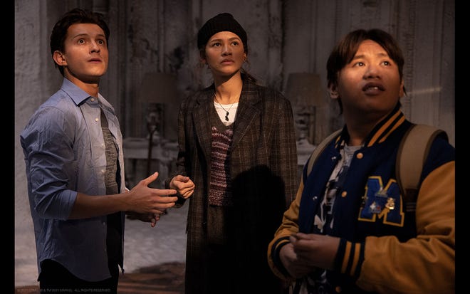 Still image from Spider-Man Far From Home, featuring Peter, Ned, and MJ