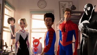 Still image from Spider-Man Into the Spider-Verse, featuring Penny Parker, Gwen Stacy, Spider-Ham, Miles Morales, Peter Parker, and Spider-Man Noir