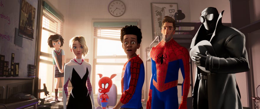 Still image from Spider-Man Into the Spider-Verse, featuring Penny Parker, Gwen Stacy, Spider-Ham, Miles Morales, Peter Parker, and Spider-Man Noir