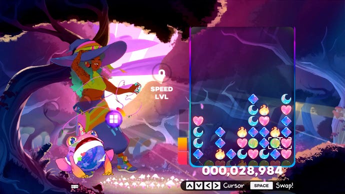 A screenshot of Spirit Swap, with a match-3 board on one side and a cool witch listening to a walkman on the other
