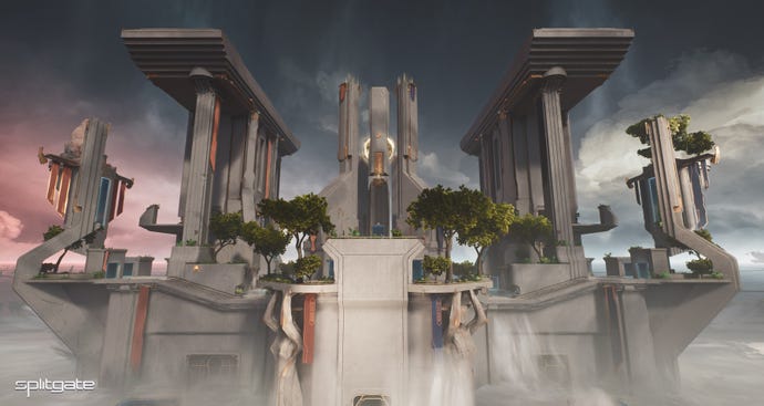 A new map update for season 1 of Splitgate, a temple of white marble with trees here and there
