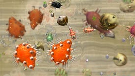 A screenshot of the Cell Stage in Spore, with several organisms of varying sizes swimming about a primordial pool.