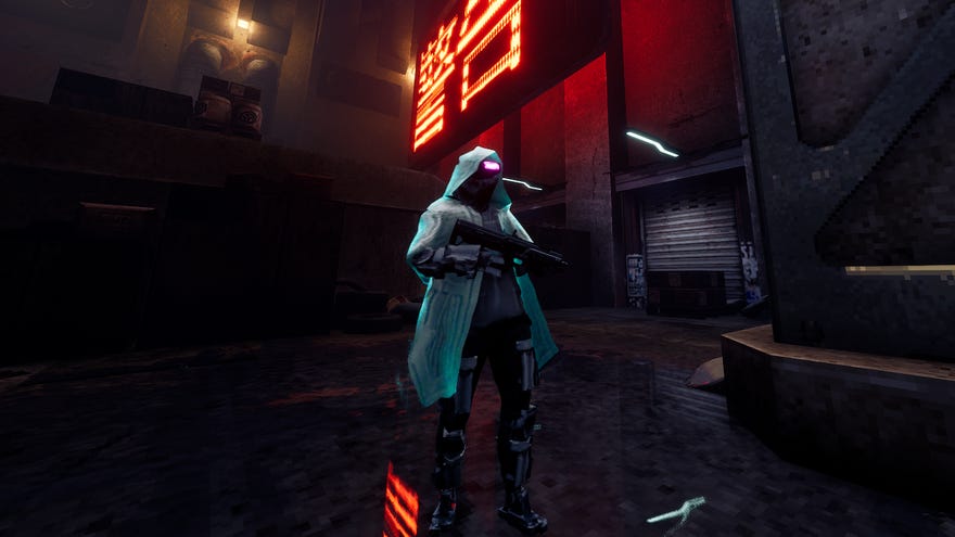 A Sprawl screenshot showing an enemy in a turquoise coat with a gun and glowing visor.