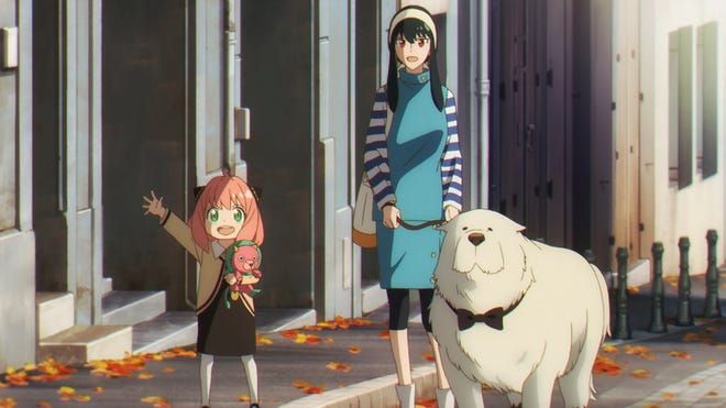 Image showing Spy x Family characters Anya and Yor smiling in the street with their trusty pet dog Bond.