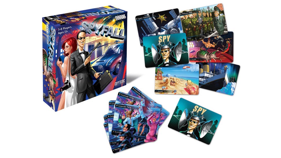 Spyfall party board game box and components