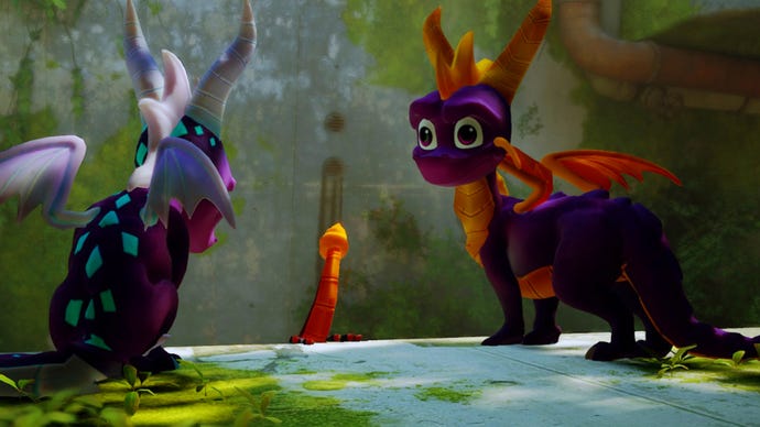 Spyro takes place of Stray's protagonist with a mod, and stands beside a fellow dragon.