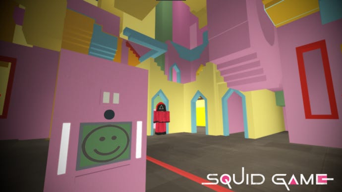 A Roblox recreation of the disorienting, pastel-coloured contestant hallway from Squid Game, including a character in guard uniform.