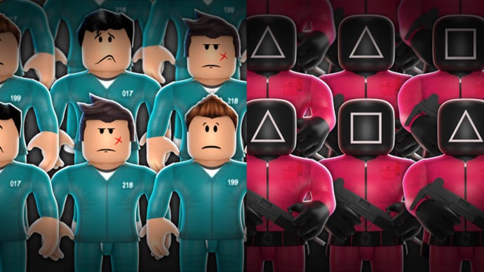 Two groups of Roblox characters stand in rows, dressed respectively as players and guards from the TV series Squid Game.