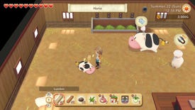 A screenshot of Story Of Seasons: Pioneers Of Olive Town showing the main character in a barn surrounded by a llama, calf and cow. The calf seems to be singing or humming.