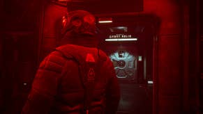 索利斯堡promtional截图显示一个宇航员向后面的金属门贴上“索利斯堡”,与深红色的光线和阴影。