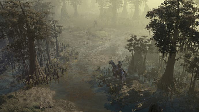 Un guerrero a caballo explora el mundo de Diablo 4.