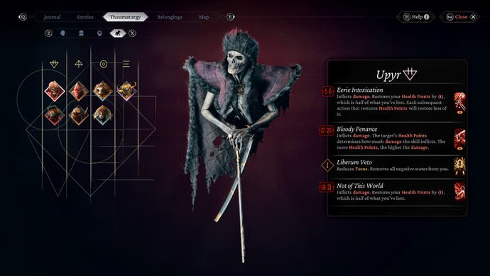 A skill tree for a creepy looking skeleton from The Thaumaturge.