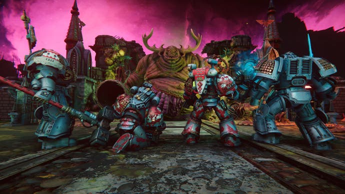40K Chaos Gate Daemonhunters review - official screenshot of four blood-splattered grey knight squad members kneeling and standing in front of a giant Nurgle plague lord.