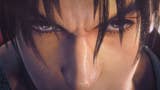 A rendered promo shot for Tekken 8 showing a character in extreme close-up so that only his eyes, nose, and cascading fringe are visible.