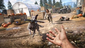 A woman chases after a dog with a gun in its mouth in Far Cry 5