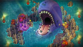 Screenshot from Nobody Saves the World showing a barnacle crusted whale rising from the waster with an open mouth
