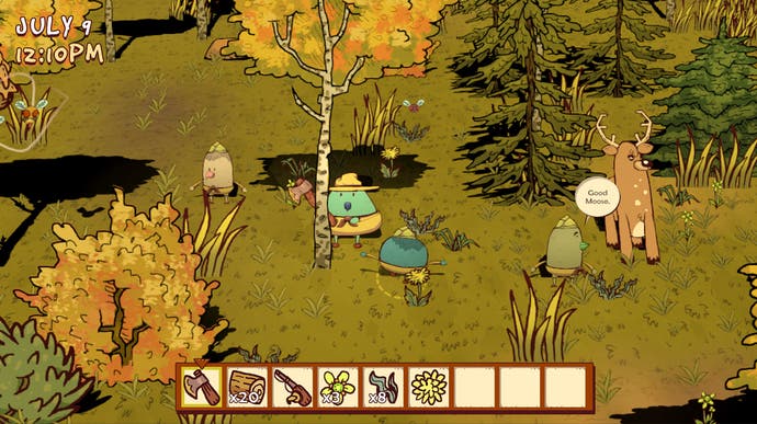 A cartoon camp counsellor chops down a tree as campers play around, talking to friendly-looking moose