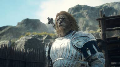 Screenshot from Dragon's Dogma 2 showing an anthropomorphic lion character in armour. He has a sword over his back