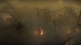 Screenshot from Diablo 4 showing a person on horseback making their way through a hostile environment.