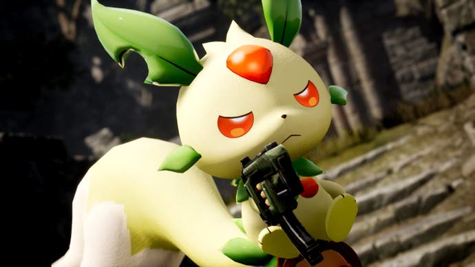 A Palworld screenshot showing a cute Pokémon-like creature wielding a gun.