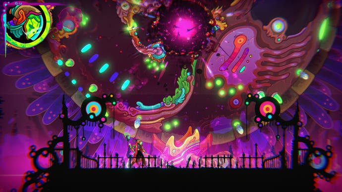 Ultros promo screenshot showing the character barely visible against a psychedelic background of purple, pink, green and orange.