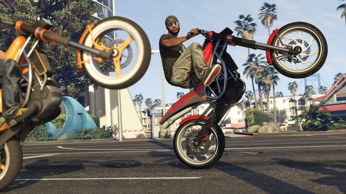 Two men do wheelies on motorbikes in GTA 5