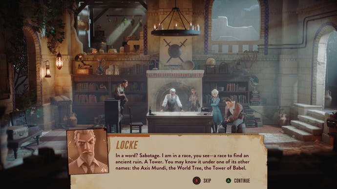 A Lamplighter's League promotional screen showing several people stood around a large table in a late 19th century room with lovely rays of moonlight through a window on one side.