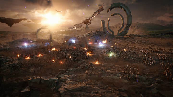 A vast, brown fantasy battlefield with hundreds of soldiers in formation, dragons in the sky, and a large broken circular structure jutting out of the ground