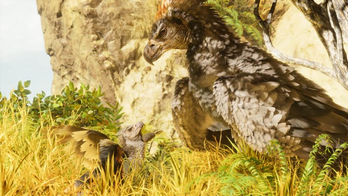 Ark: Survival Ascended screenshot showing two winged dinos. One is a baby, the other is presumably its parent