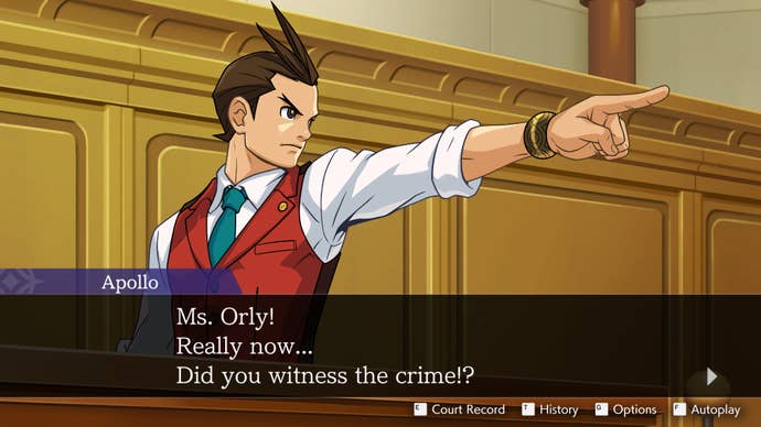 Apollo Justice's 2D remastered sprite in a courtroom scene from Apollo Justice: Ace Attorney.