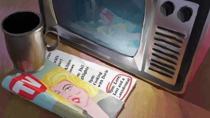 An illustration-style screenshot from The Rise of the Golden Idol showing a magazine and coffee cup in front of a 70s TV screen.